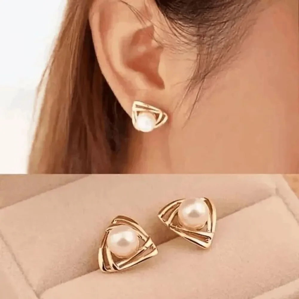 Gold Pearl Geometric Stud Earrings